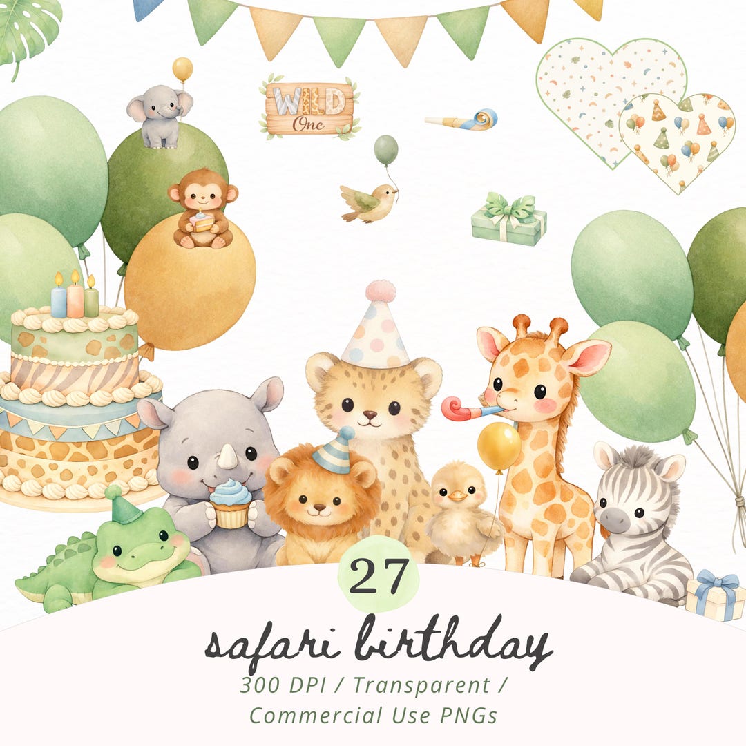 Safari Birthday Clipart PNG Bundle, Jungle Animals Baby Shower, Wild ...