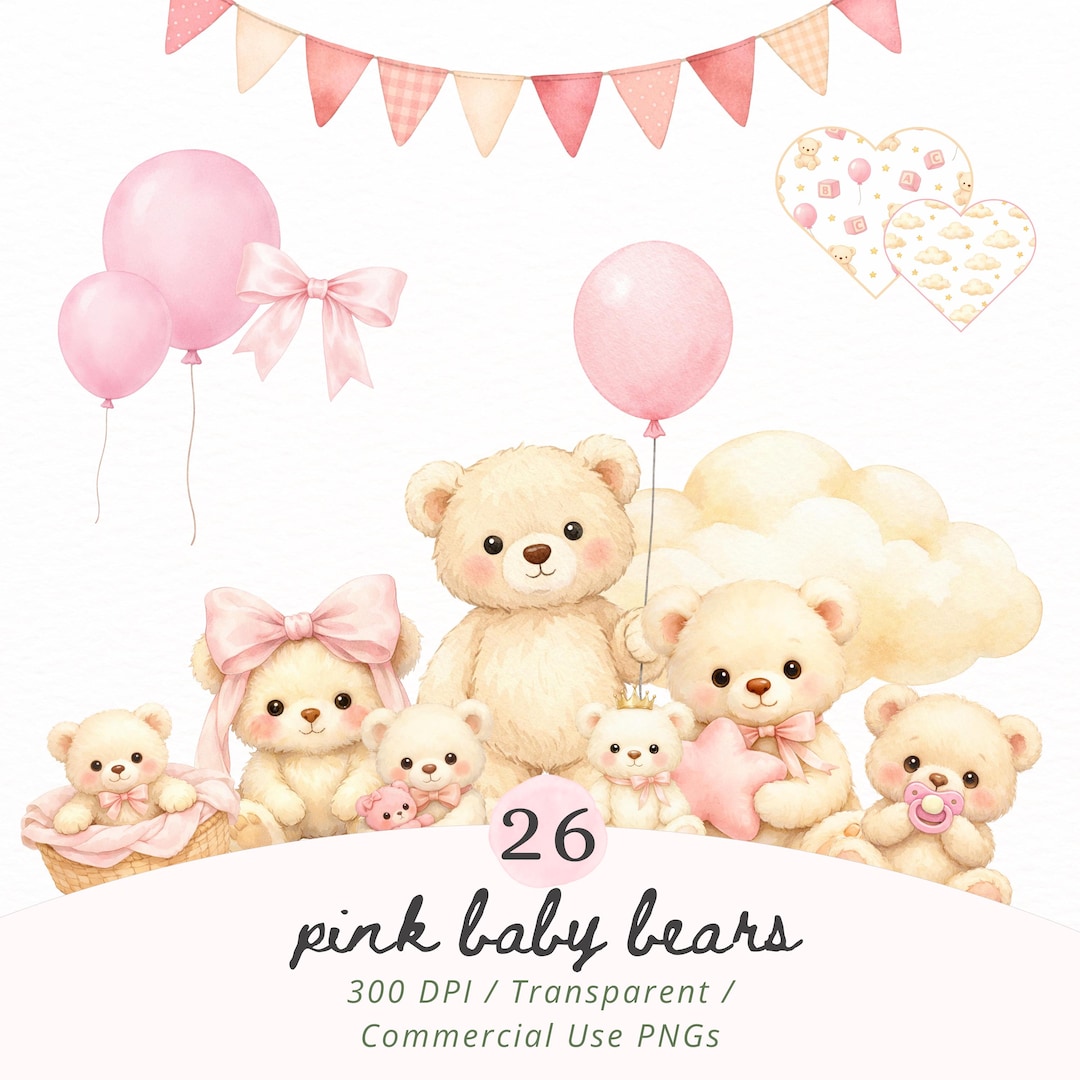 Teddy Bear Clipart PNG, Cute Pink Baby Bear Clipart for Baby Shower ...