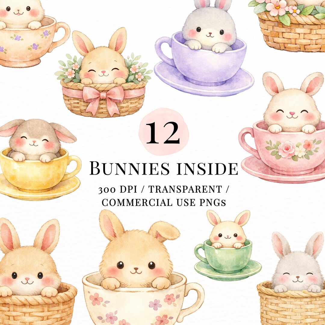 Bunnies in Basket & Teacup Clipart PNG Bundle, Easter Bunny, Spring ...