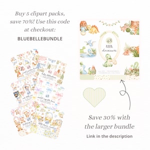 May include: A digital collection of watercolor clipart sets featuring various themes including dinosaurs, birds, baby clothes, bows, teddy bears, and lemons. Each square graphic displays a central title, a count of items, and decorative illustrations.