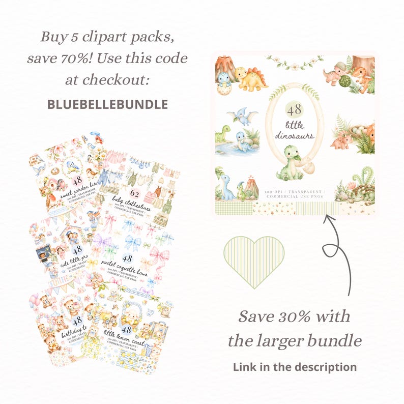 May include: A digital collection of watercolor clipart sets featuring various themes including dinosaurs, birds, baby clothes, bows, teddy bears, and lemons. Each square graphic displays a central title, a count of items, and decorative illustrations.