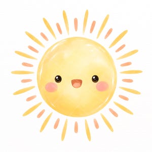Puede incluir: Una ilustraci&oacute;n digital de un sol redondo y amarillo con una cara sonriente, ojos negros grandes y mejillas rosadas. El sol presenta rayos de luz radiantes en tonos alternos de amarillo y melocot&oacute;n, creando un aspecto brillante y alegre.