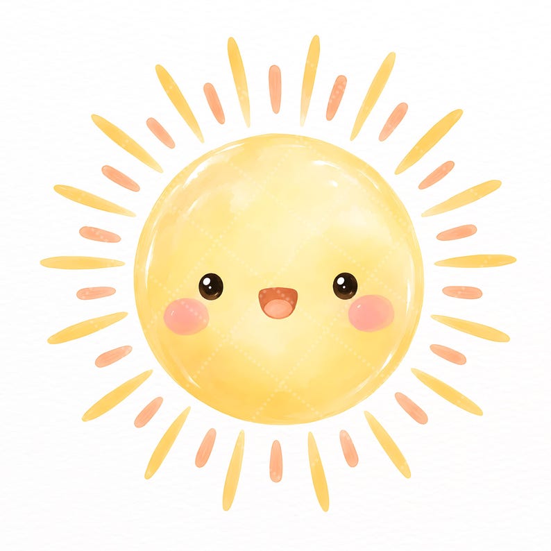 Puede incluir: Una ilustraci&oacute;n digital de un sol redondo y amarillo con una cara sonriente, ojos negros grandes y mejillas rosadas. El sol presenta rayos de luz radiantes en tonos alternos de amarillo y melocot&oacute;n, creando un aspecto brillante y alegre.