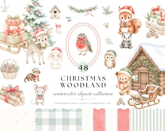 May include: A collection of 48 Christmas woodland watercolor clipart elements featuring a robin, deer, squirrel, badger, owl, mouse, otter, a log cabin, a sled with gifts, pinecones, and patterned backgrounds with the text CHRISTMAS WOODLAND.