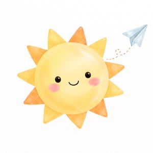 Puede incluir: Una ilustraci&oacute;n de un sol amarillo con cara sonriente, mejillas rosadas y rayos triangulares. Un peque&ntilde;o avi&oacute;n de papel azul claro vuela hacia la parte superior derecha del sol, conectado por una l&iacute;nea naranja discontinua.