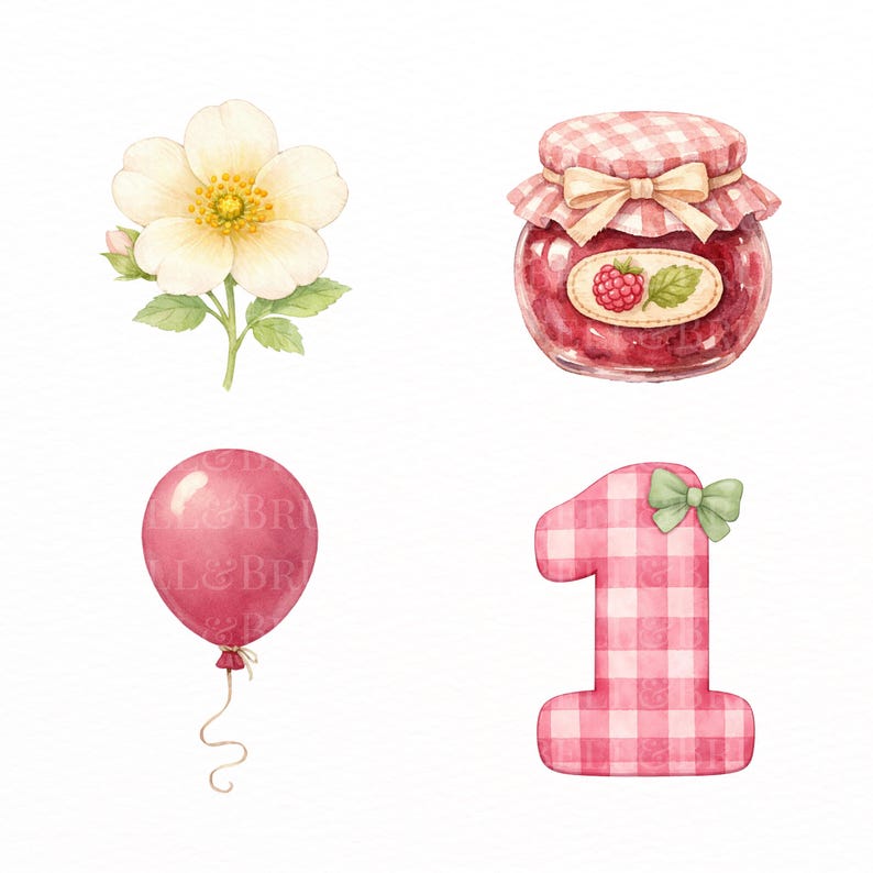 May include: Watercolor illustration featuring a white flower, a jar of raspberry jam, a pink balloon, and a number one. The jam jar has a gingham lid and a bow. The number one is pink gingham with a green bow.