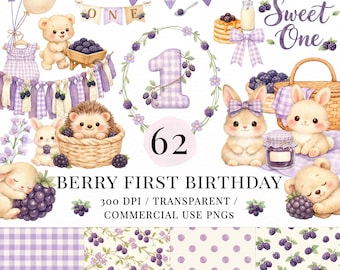 Può includere: Illustrazioni ad acquerello per un primo compleanno a tema bacche. Include uno striscione, palloncini, orsetti, coniglietti e il numero uno. Il testo recita "Sweet One" e "Berry First Birthday".