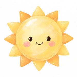 Conjunto de imágenes prediseñadas de sol en acuarela, paquete de imágenes PNG de sol adorable, imágenes prediseñadas de clima veraniego, decoración de guardería, pegatinas, invitaciones para baby shower, uso comercial. imagen 5