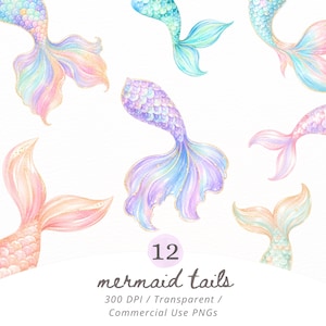 Pacchetto di clipart di code di sirena in formato PNG / Code di sirena pastello a tema oceano, grafica sottomarina, inviti per baby shower, stampabili per uso commerciale