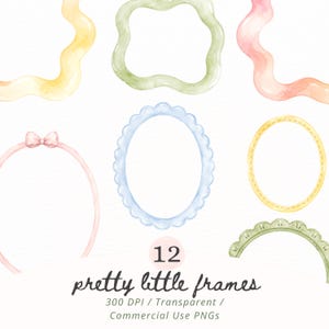 May include: A collection of 12 watercolour frames in various shapes and colours, including wavy, oval, and scalloped designs. The image features the text "pretty little frames" with a transparent background, suitable for commercial use.