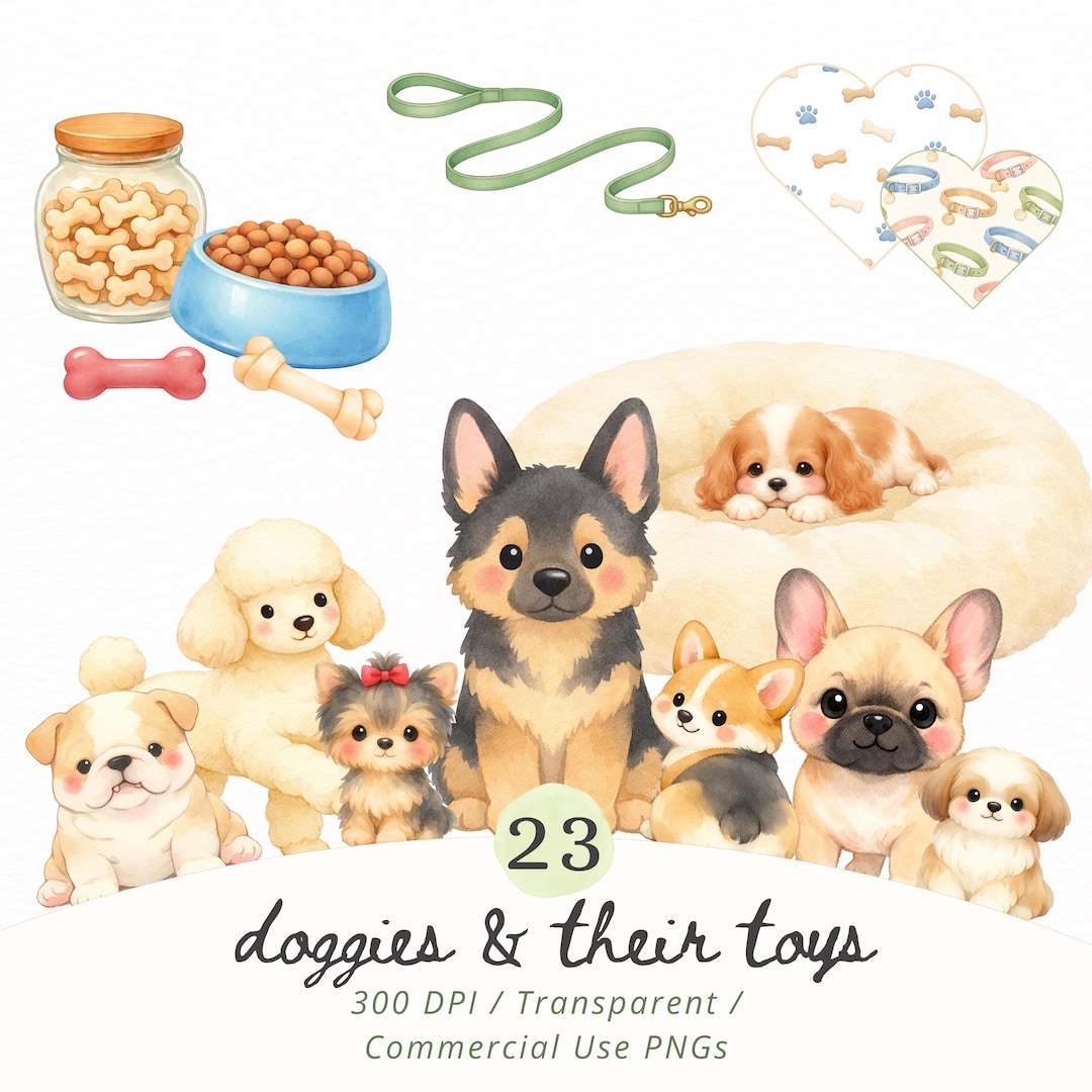 Watercolor Dogs PNG Bundle, Cute Puppies Clipart, Dog Accessories Toys ...