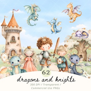 Può includere: Illustrazione ad acquerello con un castello, cavalieri, draghi e una principessa. L'immagine include il testo "62 dragons and knights" e "300 DPI / Transparent / Commercial Use PNGs". L'opera ha un tema stravagante e fiabesco.