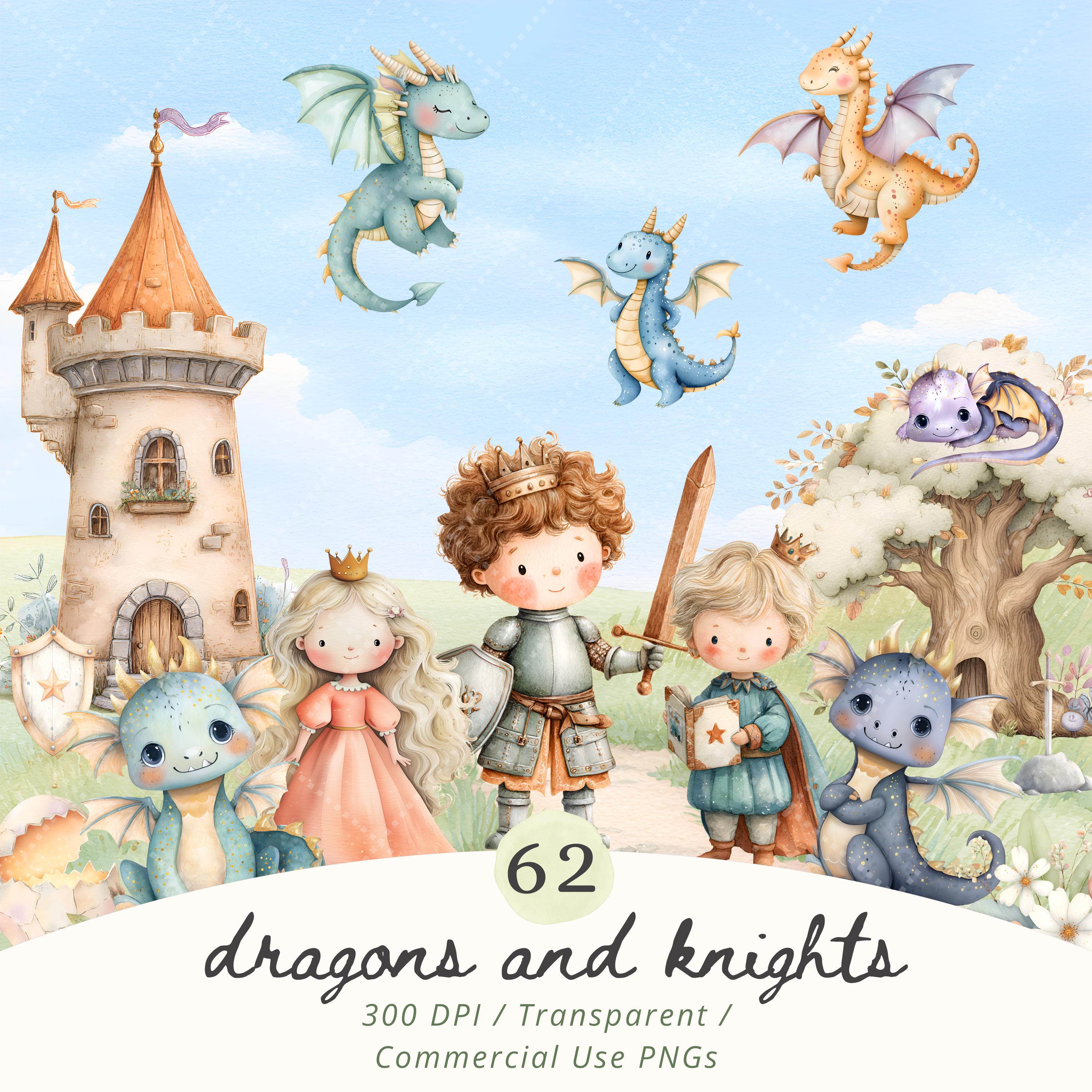 Cute Baby Dragon PNG Bundle, Watercolor Dragons and Knights Clipart Set ...