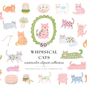 May include: A collection of watercolor illustrations featuring various cats in pink, orange, blue, and green tones with floral and heart patterns, alongside accessories like a cat bed, a scratching post, and a vase, with text reading 50 WHIMSICAL CATS.