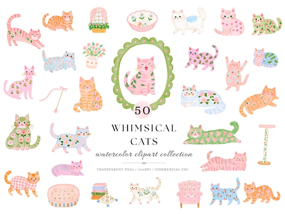 Whimsical Cat Clipart Bundle, Watercolor Cats PNG, Cute Kitten Clip Art, Cottagecore Cat Graphics, Birthday Card Designs, Commercial Use