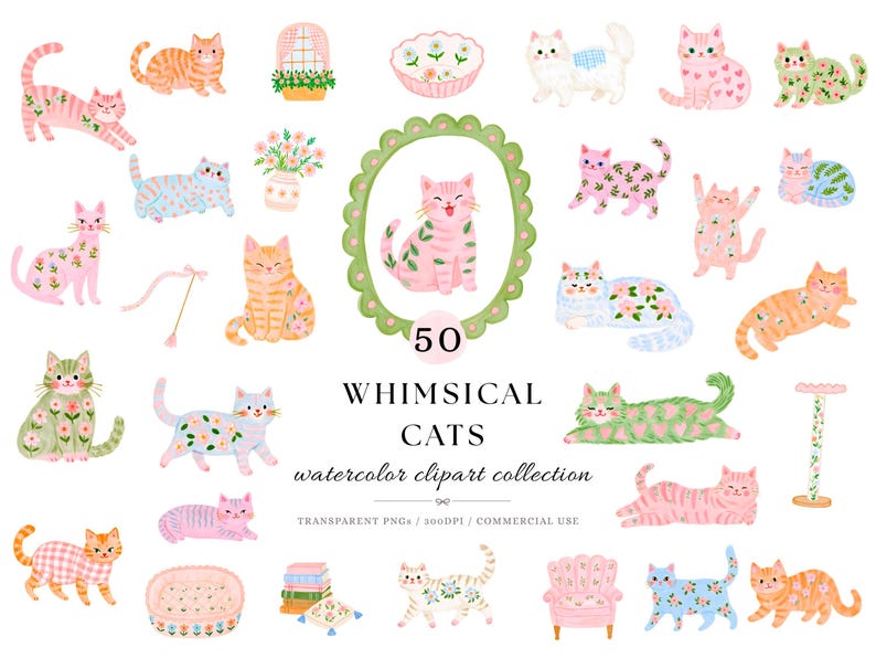 May include: A collection of watercolor illustrations featuring various cats in pink, orange, blue, and green tones with floral and heart patterns, alongside accessories like a cat bed, a scratching post, and a vase, with text reading 50 WHIMSICAL CATS.