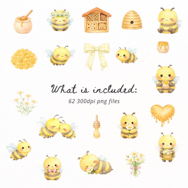 Bee & Honey PNG Bundle, Cute Bumblebee Clipart, Baby Shower Bees, Daisy ...