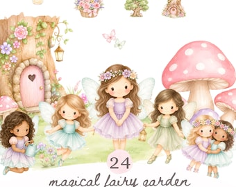 May include: A digital illustration set featuring fairies with wings, a tree house with a pink door, large pink mushrooms, a flower basket, and a lantern. The text reads 24 magical fairy garden 300 DPI / Transparent / Commercial Use PNGs.