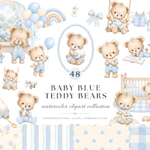 May include: A collection of watercolour illustrations featuring teddy bears in baby blue outfits, balloons, a rainbow, a cot, a rocking horse, toys, and patterned backgrounds with the text 48 BABY BLUE TEDDY BEARS watercolour clipart collection.