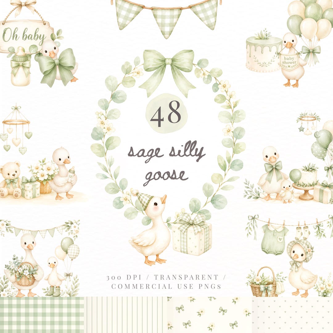 Silly Goose Clipart Bundle PNG, Sage Green Nursery Animals, Baby Shower Goose, Coquette Go