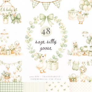 May include: A collection of watercolour illustrations with a baby shower theme, using sage green. The image includes a wreath, geese, balloons, cake, and the text "Oh baby" and "sage silly goose". The illustrations are labeled as 300 DPI / TRANSPARENT / COMMERCIAL USE PNGS.