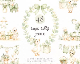 Silly Goose Clipart Bundle PNG, Sage Green Nursery Animals, Baby Shower Goose, Coquette Goose Party Decor for Invitations, Commercial Use
