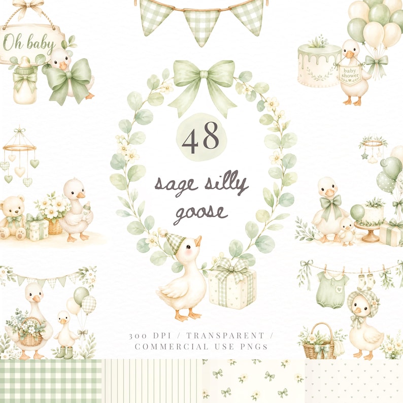 May include: A digital collection of 48 watercolor illustrations featuring geese, sage green bows, eucalyptus wreaths, baby shower cakes, gift boxes, balloons, and bunting. The text reads 48 sage silly goose, 300 DPI, transparent, commercial use PNGs.