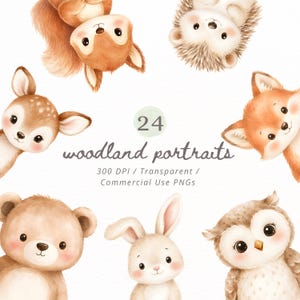Può includere: Una collezione digitale di 24 ritratti boschivi con illustrazioni ad acquerello di scoiattolo, riccio, cervo, volpe, orso, coniglio e gufo. Il testo recita 24 woodland portraits, 300 DPI / Transparent / Commercial Use PNGs.