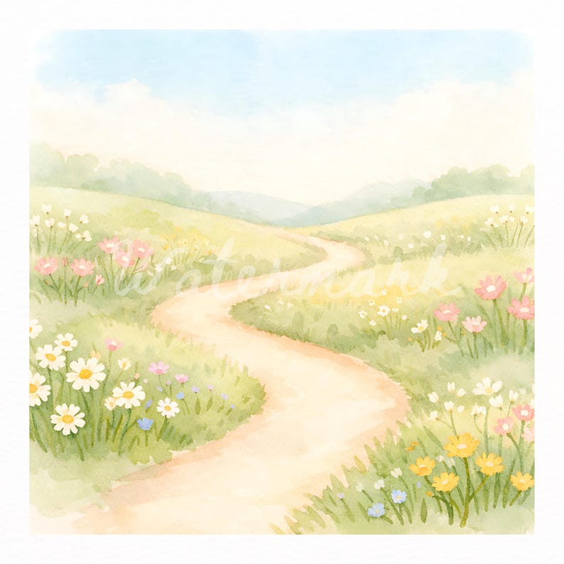 Spring Landscape Backgrounds Watercolor Style PNG Bundle, Meadow Scenes ...