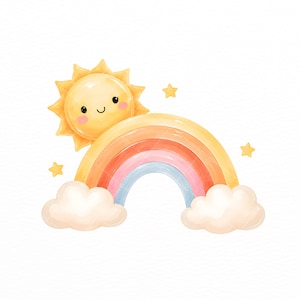 Conjunto de imágenes prediseñadas de sol en acuarela, paquete de imágenes PNG de sol adorable, imágenes prediseñadas de clima veraniego, decoración de guardería, pegatinas, invitaciones para baby shower, uso comercial. imagen 7
