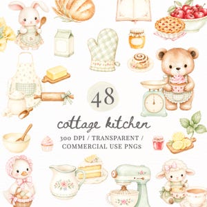 Könnte beinhalten: Aquarell-Illustration zum Thema Landhausküche. Enthält einen Hasen, einen Bären, eine Ente und ein Lamm, zusammen mit Backutensilien, Lebensmitteln und dem Text "cottage kitchen". Das Bild ist mit 300 DPI, transparent und für den kommerziellen Gebrauch gekennzeichnet.