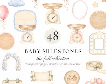 Op de afbeelding: Een digitale collectie van 48 aquarelillustraties met baby-mijlpaalelementen, waaronder weegschalen, ballonnen, wolken, sterren, kaders, een meetlint, een rol en handafdrukken met de tekst BABY MILESTONES the full collection.