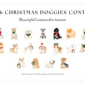 May include: A collection of 36 Christmas doggies with beautiful watercolor texture. The image displays various dog breeds decorated with festive items like red scarves, green bows, Santa hats, and holiday lights against a plain white background.