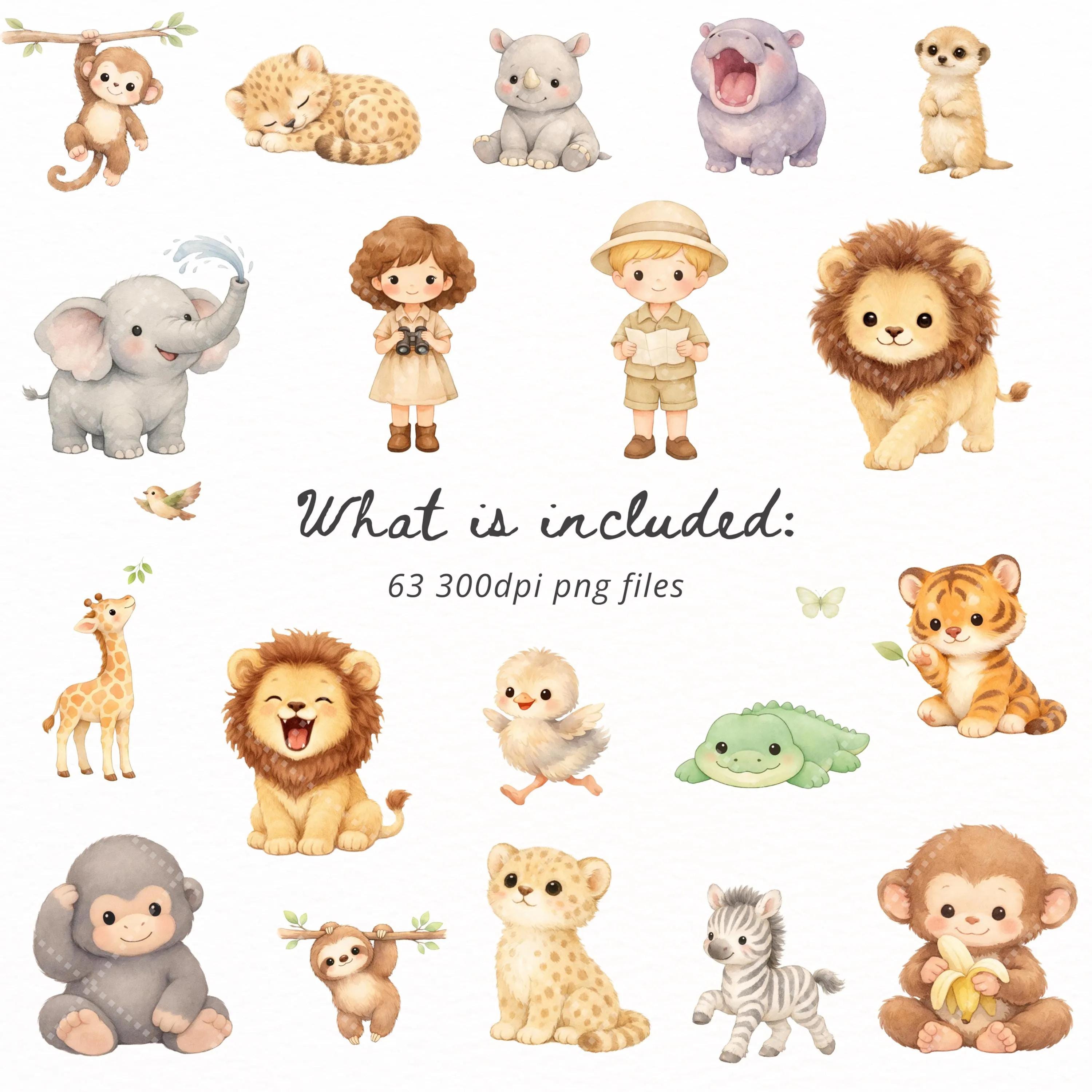 Cute Safari Clipart Bundle PNG, Jungle Animals Clipart, Elephant Lion ...