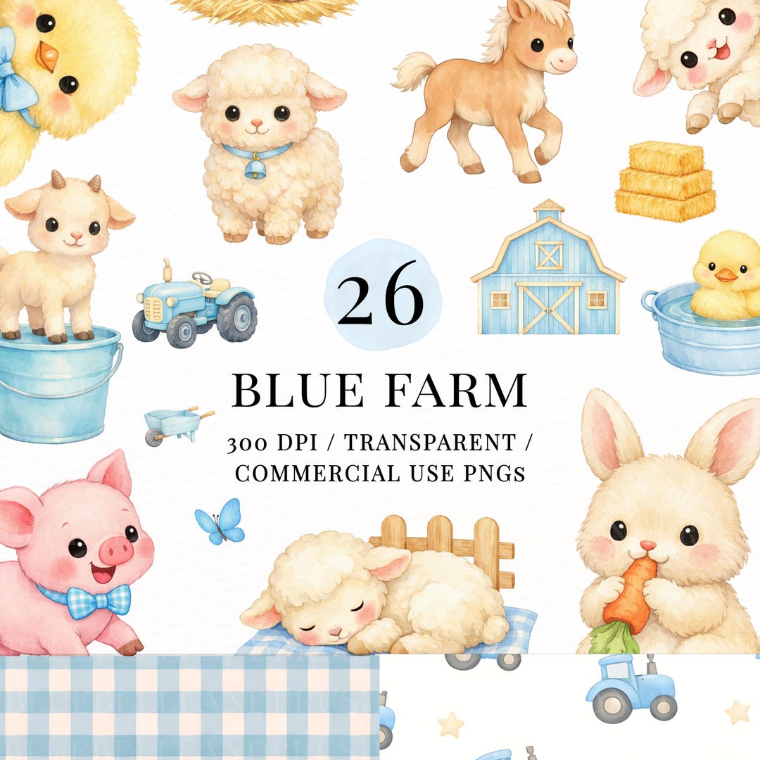 Blue Farm Clipart Bundle, Watercolor Farm Animals PNG, Baby Shower ...