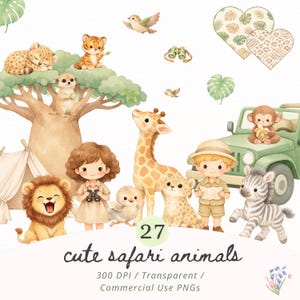 May include: Watercolor illustration of cute safari animals, including a lion, giraffe, cheetah, zebra, and monkey. The image also features a safari jeep, a tent, and two children. The text reads "27 cute safari animals".