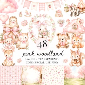 Puede incluir: Ilustraciones en acuarela de animales del bosque, incluyendo un conejo, un oso, un zorro y una ardilla, en tonos rosa y crema. La imagen incluye una pancarta, una corona floral y el texto "pink woodland" y "48".