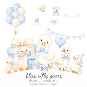 Può includere: Illustrazione ad acquerello con anatroccoli, palloncini e scatole regalo nei toni del blu e del crema. L'immagine include il testo "blue silly goose" ed è adatta per baby shower o decorazioni per la cameretta.