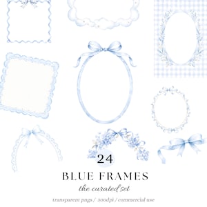 Puede incluir: Una colección de 24 marcos azules con diversas formas, incluyendo óvalos, cuadrados y diseños tipo nube con lazos de cinta, detalles florales y bordes de encaje. El texto 24 BLUE FRAMES the curated set transparent pngs 300dpi commercial use es visible.
