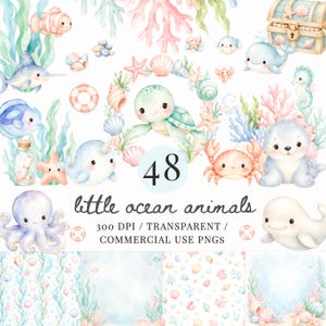 Può includere: Illustrazione ad acquerello di vari animali marini, tra cui una tartaruga, un polpo e una balena, con coralli e conchiglie. L'immagine include il testo "little ocean animals" e il numero "48". L'immagine è in formato PNG.