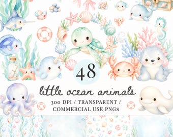 May include: Watercolor illustration of various ocean animals, including a turtle, octopus, and whale, with coral and seashells. The image includes the text "little ocean animals" and the number "48". The image is in PNG format.