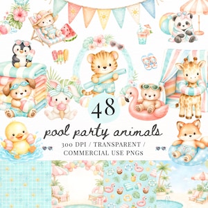 Könnte beinhalten: Aquarellillustrationen von Poolparty-Tieren, darunter Katze, Pinguin, Hund, Hase, Ente, Tiger, Panda, Bär, Giraffe und Fuchs. Das Bild enthält den Text "48 pool party animals" und weiteren Text.
