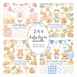 Baby Teddy Bear Bundle Watercolor Clipart PNG, Pastel Blue Pink Sage Neutral Baby Bear Clipart, Nursery Art, Sublimation, Commercial Use