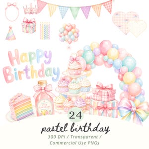 Könnte beinhalten: Aquarell-Illustration zum Thema Pastell-Geburtstag. Enthält den Text 'Happy Birthday', Cupcakes, Geschenke, Luftballons und eine Flasche rosa Limonade. Das Bild zeigt auch ein Kuchenstück, Partyhüte und Wimpelketten.