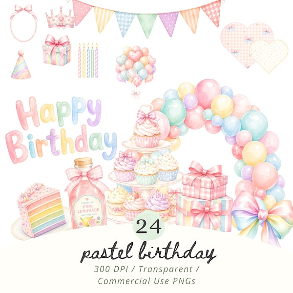 Pastel Birthday Clipart PNG, Happy Birthday Party Graphics, Balloons Clipart, Birthday Cake, Streamer Bunting, Baby Shower, Commercial Use