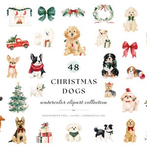 Puede incluir: Una colección de 48 ilustraciones en acuarela que muestran varias razas de perros decoradas para Navidad, incluyendo perros con bufandas, lazos, gorros de Papá Noel y regalos, junto a elementos festivos como un árbol, una corona y una chimenea.