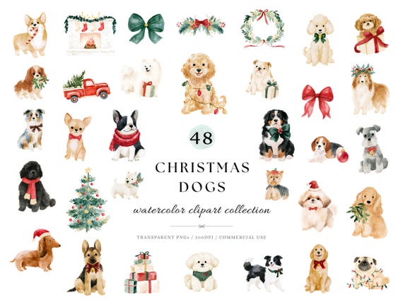 Christmas Dog Clipart Bundle, Watercolor Holiday Dogs PNG, Festive Puppy Clip Art, Dog Breed Graphics, Christmas Card Making, Commercial Use