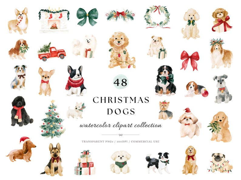 May include: A collection of 48 watercolor illustrations featuring various dog breeds decorated for Christmas, including dogs with holiday scarves, bows, Santa hats, and gifts, alongside festive elements like a tree, wreath, and fireplace.