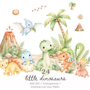 May include: A collection of watercolor illustrations featuring various baby dinosaurs, a volcano, palm trees, and foliage. The text 24 little dinosaurs 300 DPI / Transparent / Commercial Use PNGs is printed at the bottom of the image.
