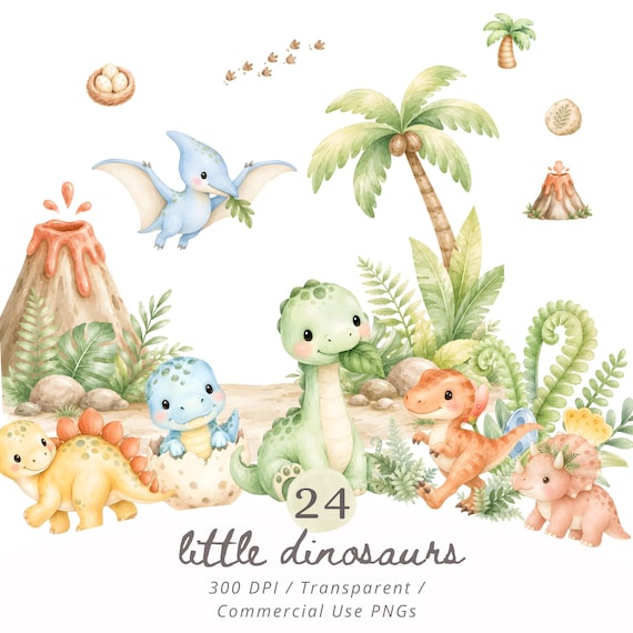 Cute Watercolor Dinosaur Clipart PNG, Baby Shower Invitations, Nursery Decor, Birthday Party, T Rex Dino Egg Graphics for Kids Printable